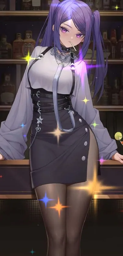 Anime character with purple hair in a bar setting, stylish outfit.