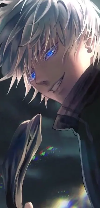 Anime character with blue eyes and white hair in a dark setting, perfect for mobile wallpaper.