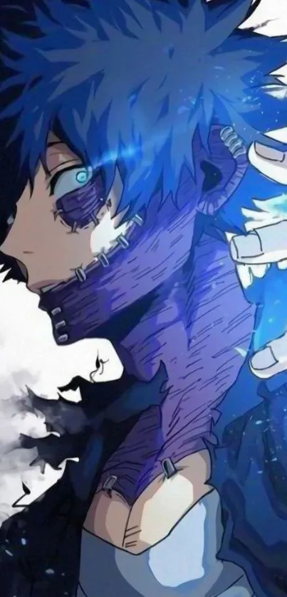 Anime character with blue hair and flames, mysterious vibe.