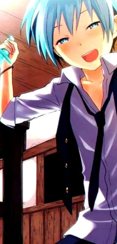 Anime character with blue hair smiling brightly in a vibrant setting.