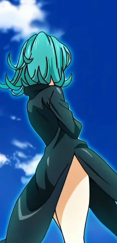 Anime character in a black coat under a blue sky.