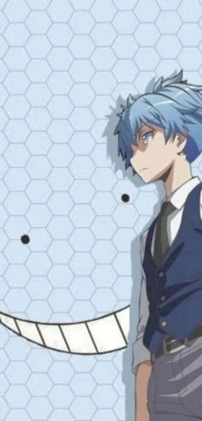 Anime character with blue hair and hexagonal background wallpaper.