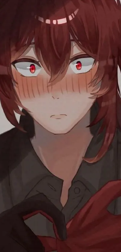 Anime character blushing in surprise with dark red tones for mobile wallpaper.