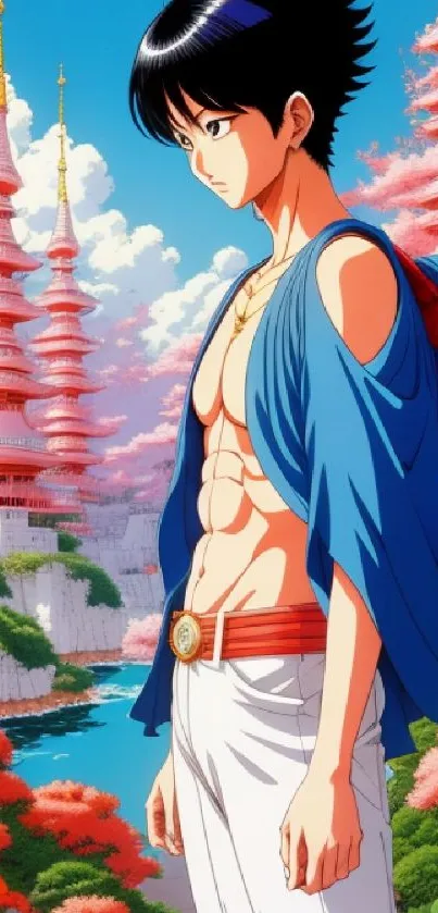 Anime character standing near pagodas with pink cherry blossoms.