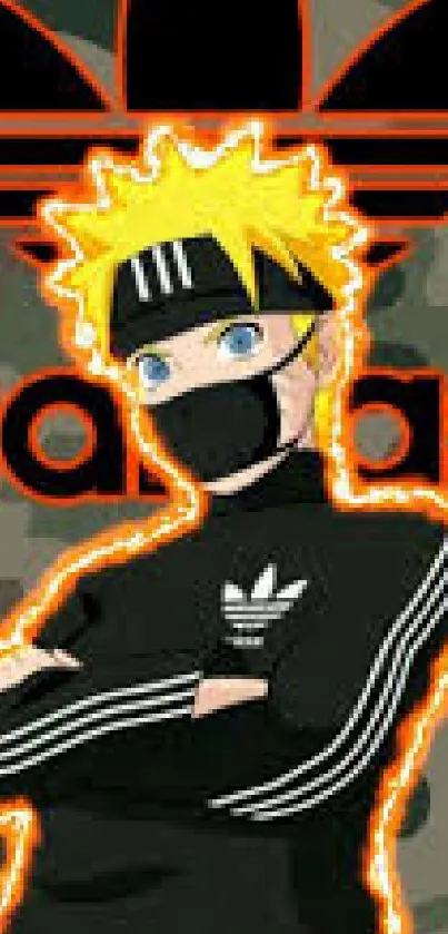 Anime character with a camouflage background and orange outlines.