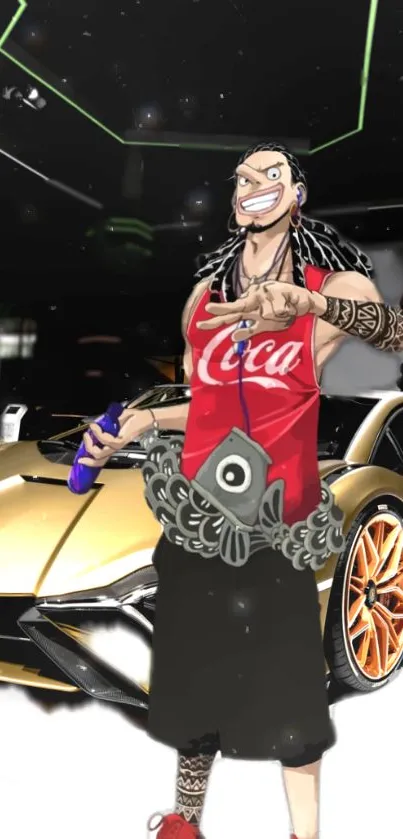 Anime character with luxury car in bold colors.