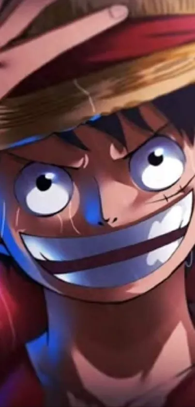 Close-up of a grinning anime character with a straw hat and vibrant colors.