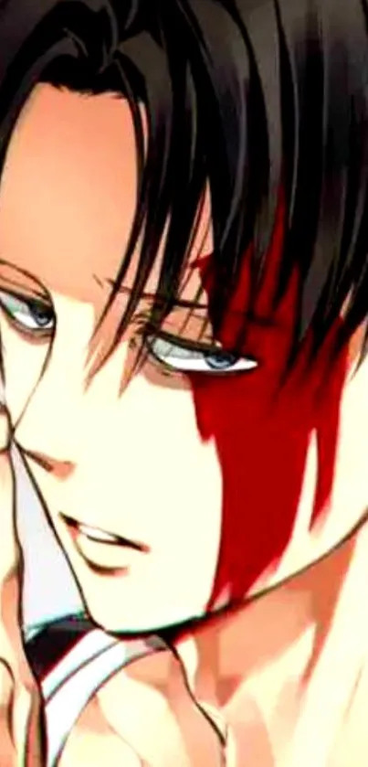 Anime character with striking red mark and dark hair, close up portrait.