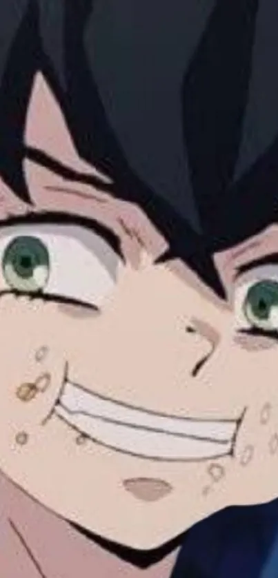 Close-up of anime character with green eyes and expressive smile.