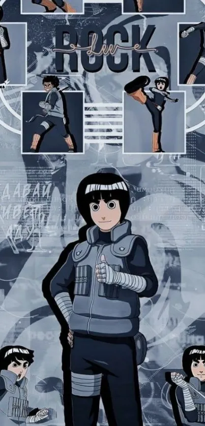 Anime character collage mobile wallpaper in dark grey tones.