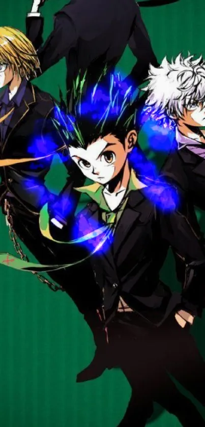 Dynamic anime characters on green background.