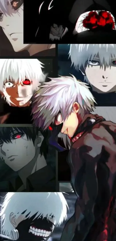 Intense anime character collage with red eyes on a dark background.