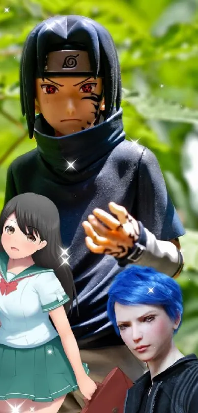 Anime characters with green leafy background in a collage wallpaper.