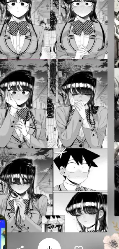 Anime collage wallpaper featuring expressive characters in black and white.