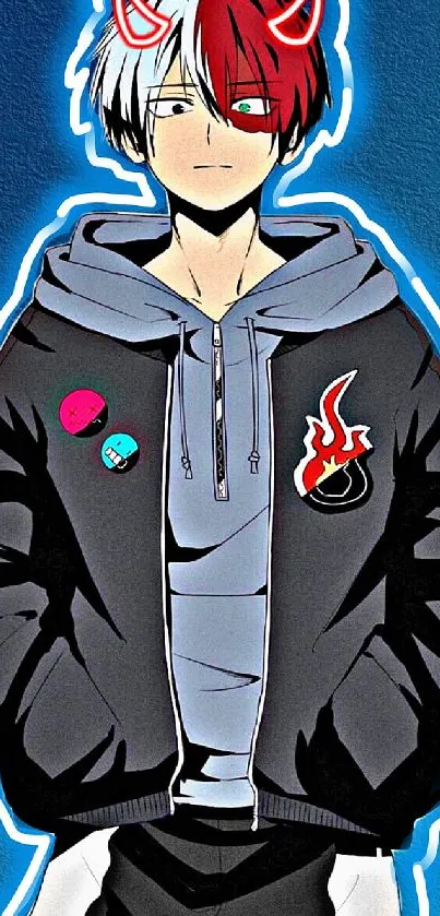 Anime character in a stylish jacket with blue background.