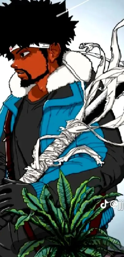 Anime character with blue jacket and plant overlay.