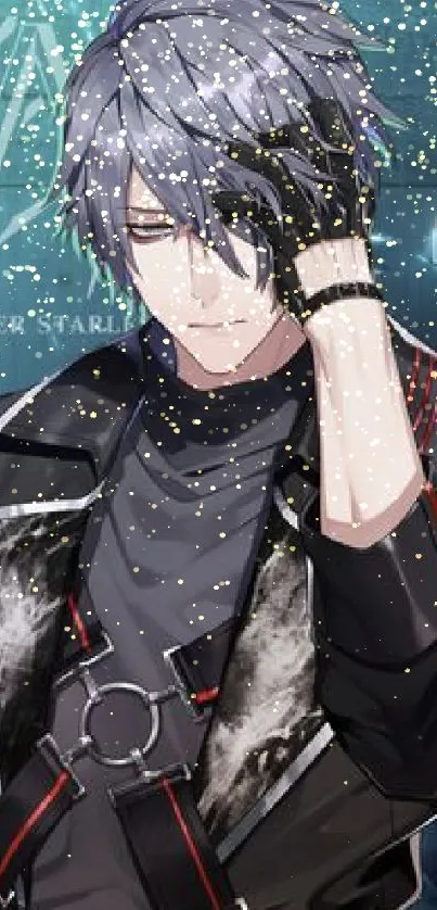 Anime character with silver hair and dark attire on a teal background.