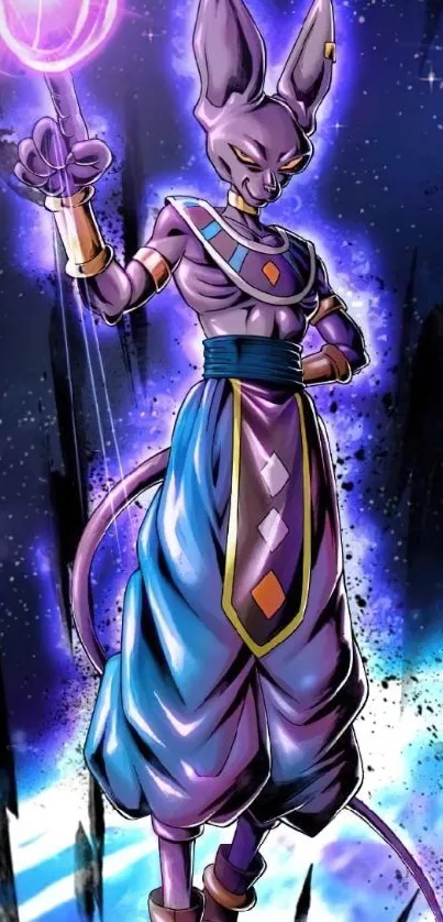 Anime character with cosmic energy and purple aura on a starry background.