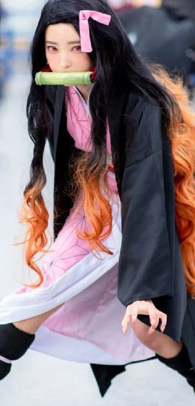 Anime character in vibrant cosplay with dynamic pose and colorful costume.