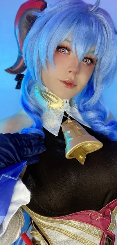 Anime character with blue hair in cosplay.