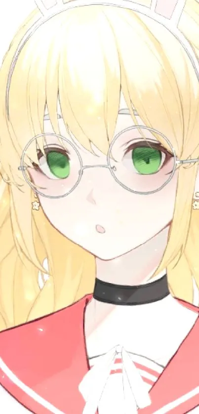 Anime girl with blonde hair, sailor outfit, and glasses in digital art style.