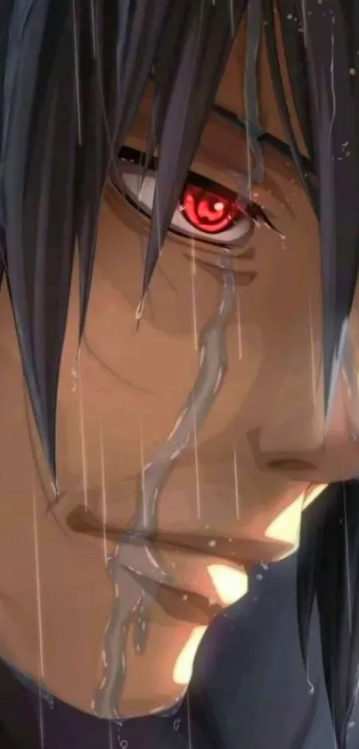 Anime crying character with red eyes in dramatic scene.