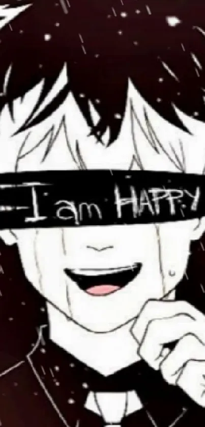 Anime character crying with words 'I am happy' over eyes, dark background.