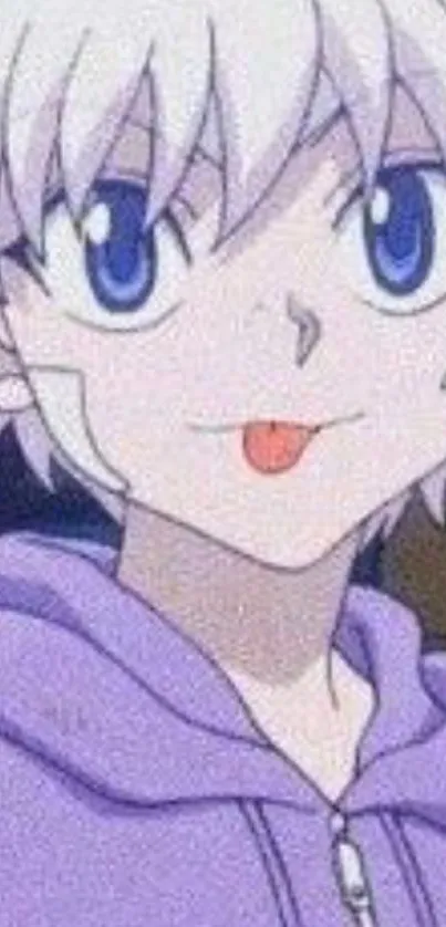 Cute anime character with white hair and blue eyes, wearing a purple hoodie.