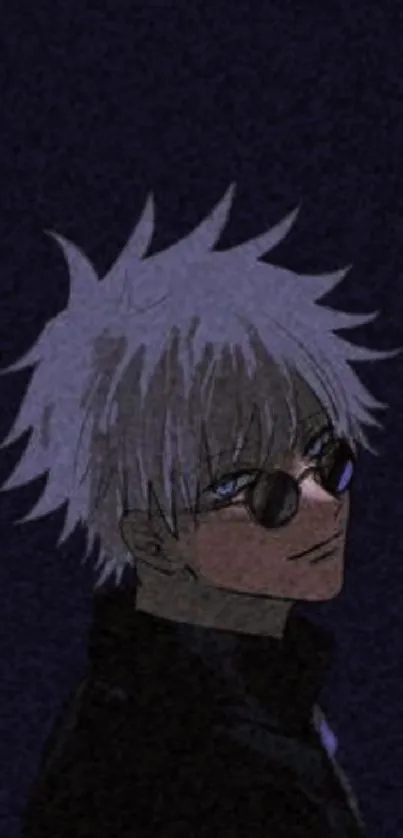 Anime character with dark background and white hair.