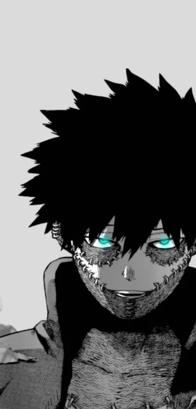 Anime character with dark hair and teal eyes on a monochrome background.