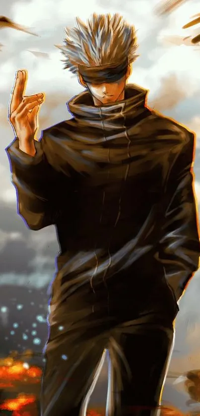 Anime character in black attire with dramatic dark background.