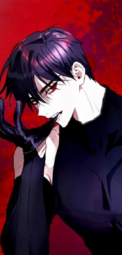 Anime character in dark attire with a vivid red background.