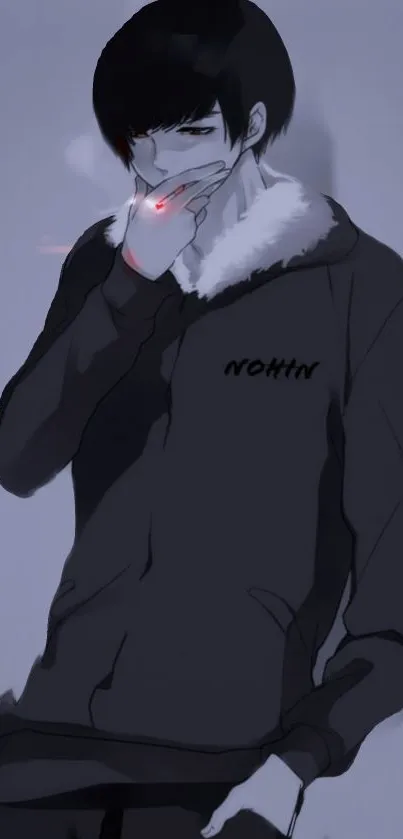 Mysterious anime character in dark hoodie art.