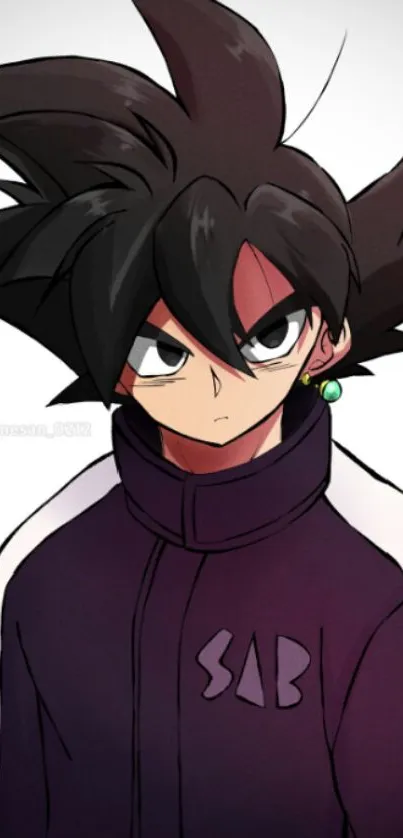 Anime character with dark hair in a purple jacket on a white background.