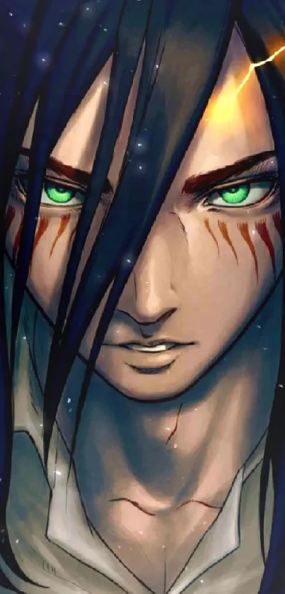 Intense anime character with green eyes and dark hair on a mobile wallpaper.