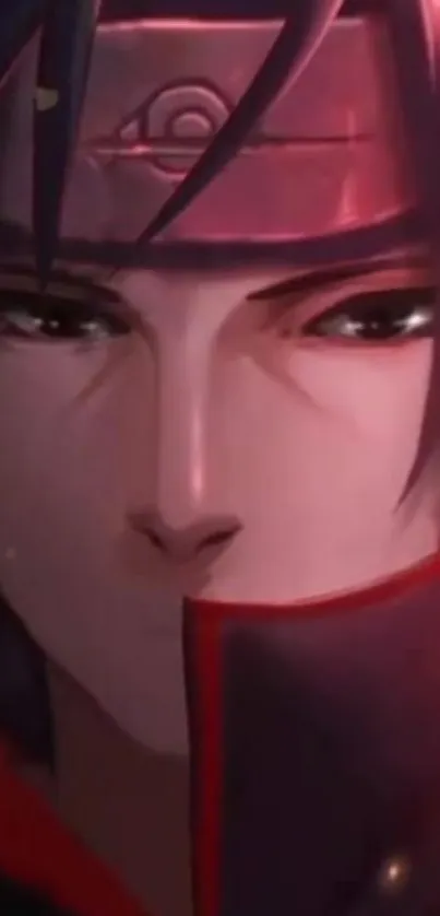 Anime character with dark red theme and intense gaze.