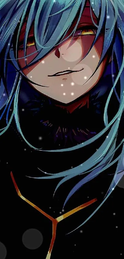 Anime character with blue hair and dark background.