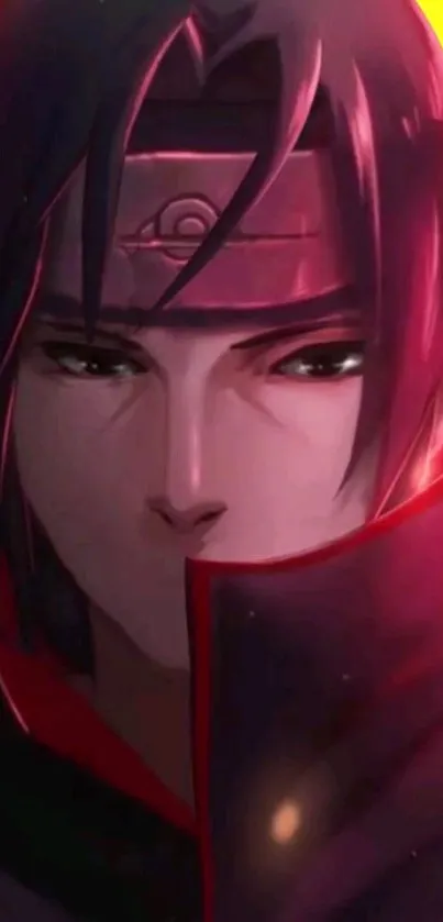 Anime character in hooded cloak, dark red hues.