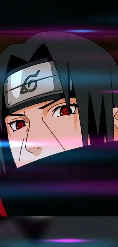 Anime character with red eyes and black hood in dramatic lighting.