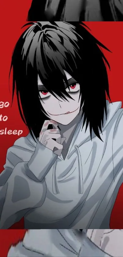 Anime character with black hair, red eyes, and a red background.