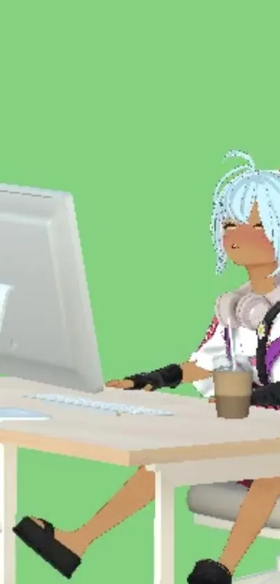 Anime character at desk with green background, working on a computer.