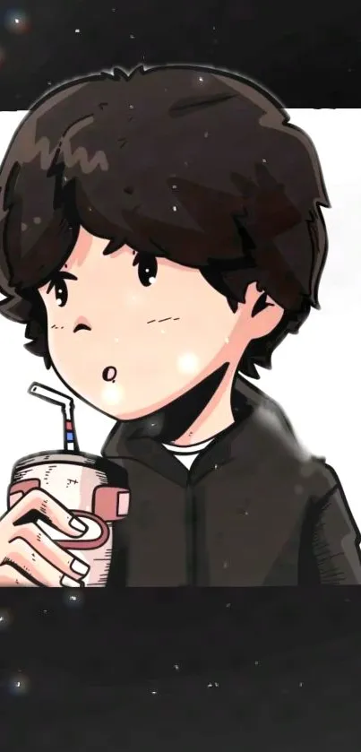 Anime character sipping milkshake on mobile wallpaper.