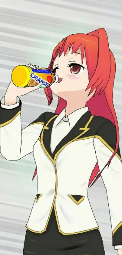 Anime girl drinking juice, stylish and vibrant.