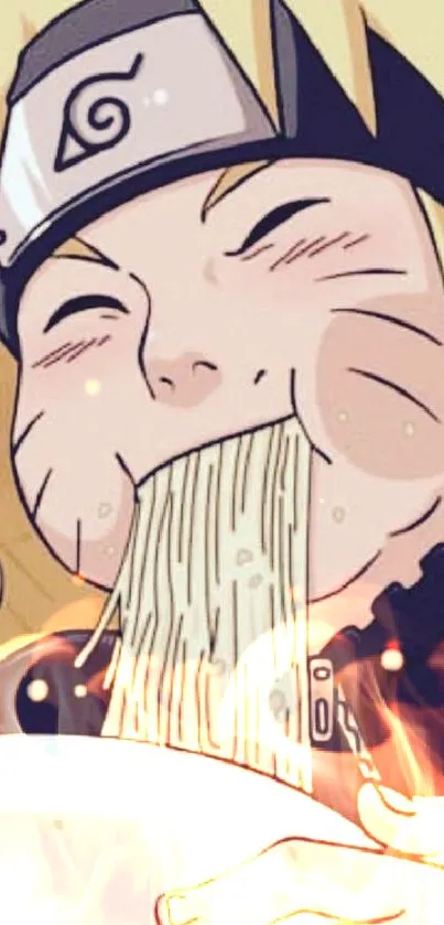 Anime character happily eating noodles wallpaper.