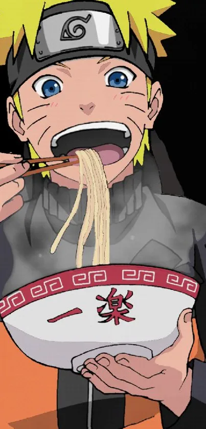 Anime character happily eating ramen, vibrant wallpaper.