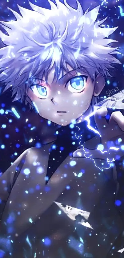 Anime character with vibrant electric powers in blue hues.