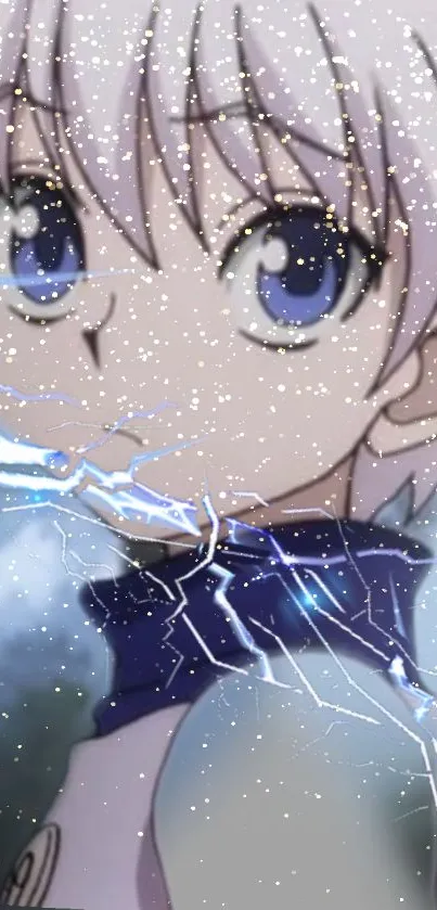 Anime character with electric sparks on a fantasy-inspired background.