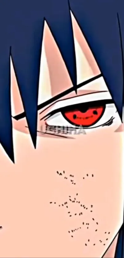 Close-up of anime character with striking red eye and dark hair.