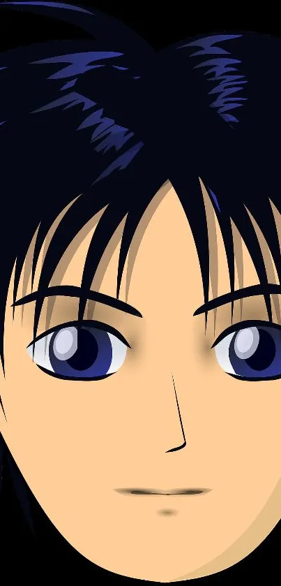 Anime character face with dark hair and vibrant features on black background.