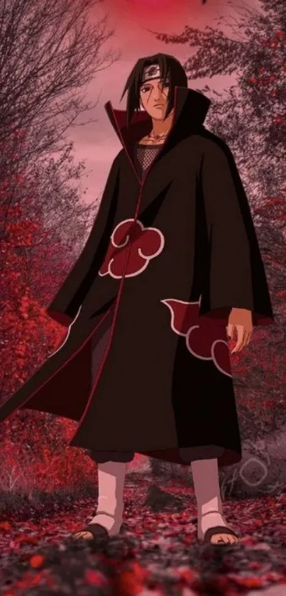 Anime character in a crimson autumn forest setting with red and black colors.